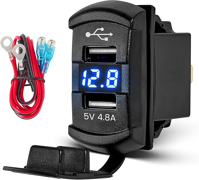 Anina Rocker Switch Style Dual USB Car Charger Port, 12V-24V Waterproof USB Socket with Blue LED Voltmeter, 4.8A USB Outlet Replacement for Marine Toggle Switch Panel on Boat Truck SUV RV UTV