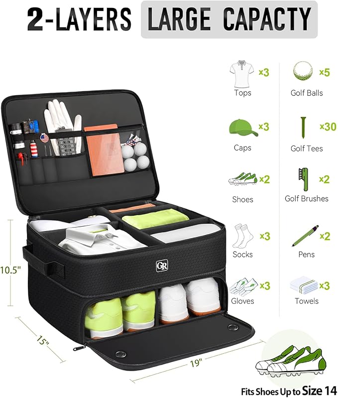 Odor-Absorbing 2-Layer Large Golf Trunk Organizer with Activated Carbon Fabric - Water-Resistant Golf Shoe Bag for Shoes Balls Tees Clothes Gloves Golf Accessories, Fathers Day Dad Gifts for Men