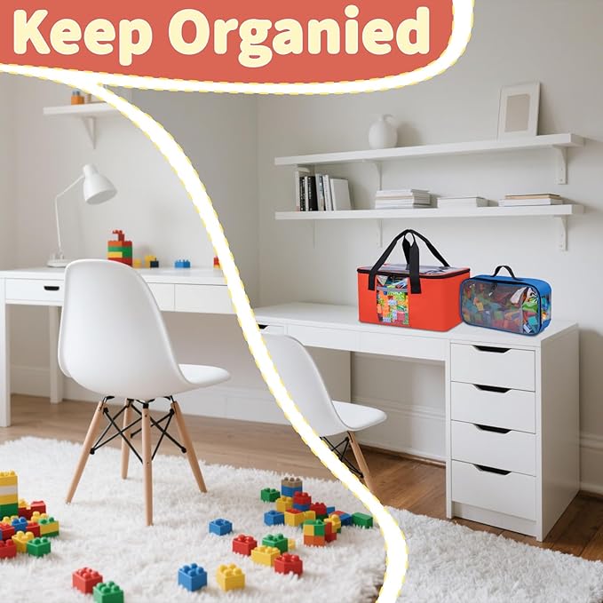 4 PCS Toy Storage Bags, Magnetic Tiles Bag With Visual Top Flap, Label Pocket and Mesh Pockets Fit for LEGO, Building Blocks, Magnetic Tiles, Toy Cars