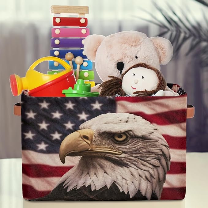 Retro American Flag Patriotic Storage Baskets for Organizing, Fabric Collapsible Storage Bins Box Bald Eagle Decorative Toy Organizer Baskets for Closet Shelves Gift Basket 1 Pc