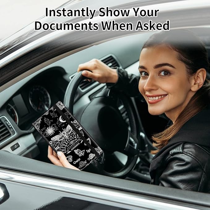 Car Registration and Insurance Card Holder, Premium PU Leather Vehicle Wallet Cover for Glove Box Car Organizer Drivers License/Cards/ID Essentials Document Holder, Death Moth Spirit Board