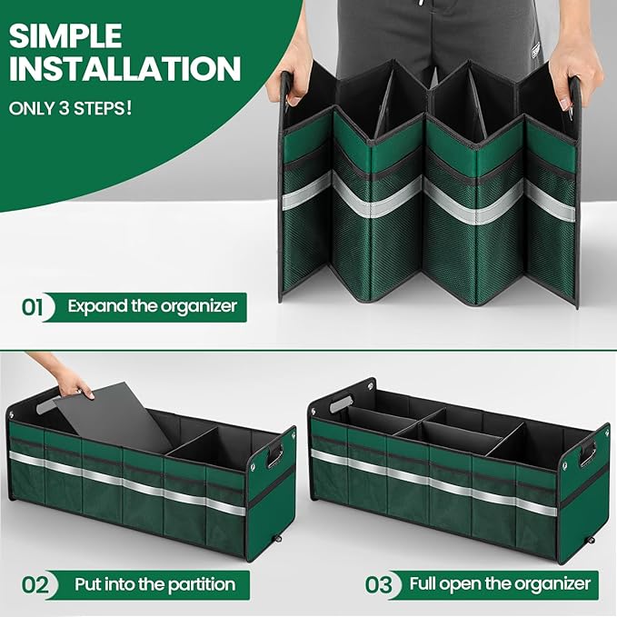 Car Trunk Organizer, Car Storage Organizer, Collapsible Multi Compartment for Car, Suv, Sedan, Truck, 100L, Extra Larger (Green, 100L)