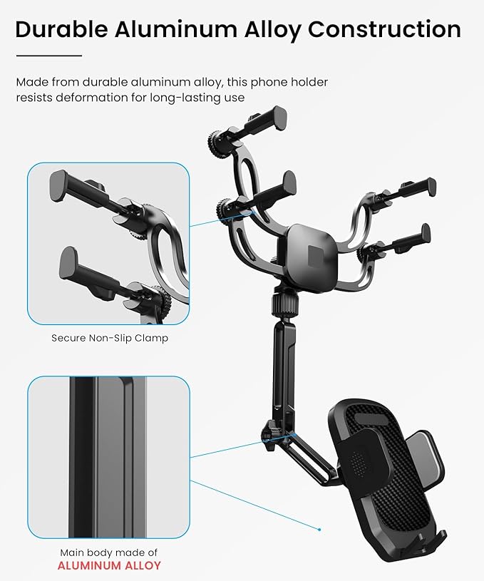 Rear View Mirror Phone Holder – Solid Metal Arm Car Phone Mount, Universal Fit for iPhone & Android, Foldable 360° Rotation Clip, Sleek Hands-Free Design Stable Mount for Navigation & Calls