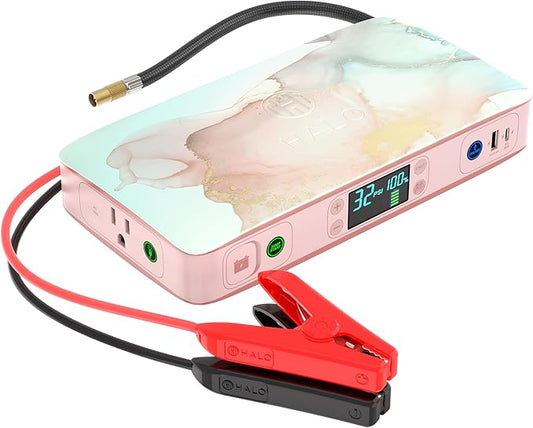 HALO Bolt Ultimate 2 Portable Car Battery Jump Starter | 130 PSI Air Compressor, 55.5Wh USB Power Bank with AC Outlet, Emergency Floodlight & Charger, Jumps Cars SUVs & Trucks, Inflates Tires — Rose