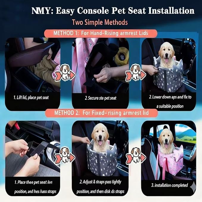 Cullaby Console Dog Car Seat - Portable Dogs Armrest Booster Seat for Small Dog, Anti-Collapse Pet Car Seat with Soft Cushion Safety Belt, Support Pet Up to 15lbs (Blue& White Stripes)