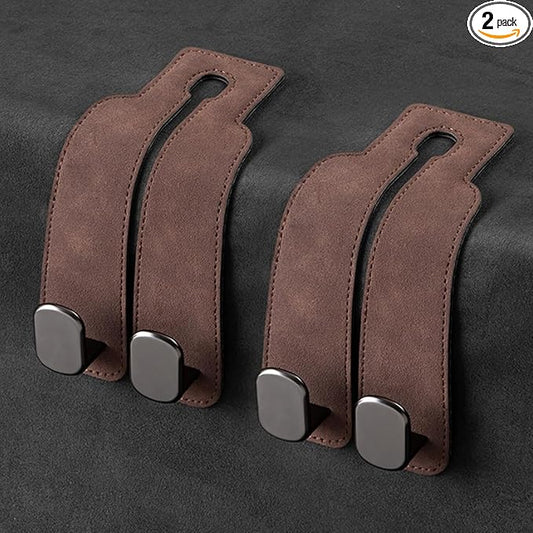 2 Pack Car Hooks for Headrest, Headrest Hooks Car Purse Hook Car Seat Back Storage Hook Premium Leather Car Seat Holder for Headrest Purses and Bags (Brown)