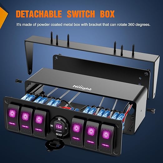 Nilight 6 Gang Rocker Switch Box 12V SPST ON Off Toggle Switches PD Type C and QC 3.0 USB Sockcet Voltmeter Purple LED Light Waterproof Aluminum Mount Bracket Panel DIY Stickers for Boat Car RV Truck