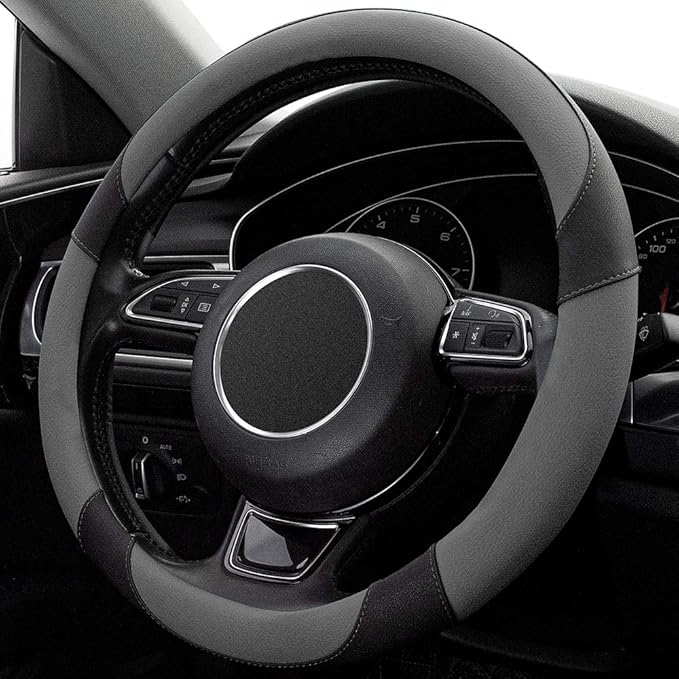 Xizopucy Steering Wheel Covers Gray Universal Microfiber Leather, Suitable for 14 1/2-15 inch Car Steering Wheel Cover, Breathable, Anti Slip & Odor