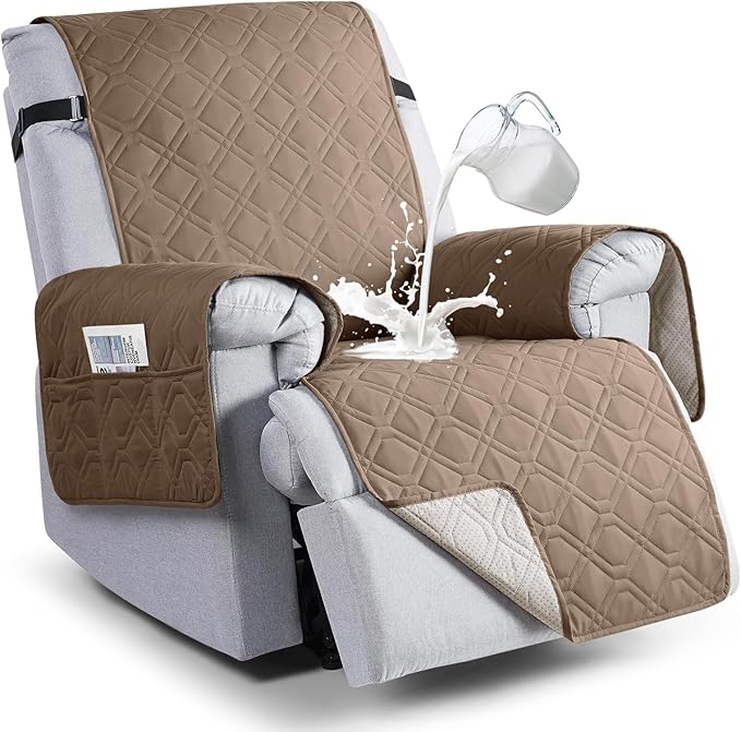 VANSOFY 100% Waterproof Recliner Chair Covers, Recliner Cover Non-Slip Dog Chair Cover Furniture Protector Washable Slipcover with Pocket, Elastic Straps for Pets, Dogs(Light Brown, 25")