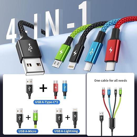 4 in 1 Multi Charging Cable [2Pack 5FT], Tangle Free USB C Car Charger Cable Nylon Braided with 2 USB-C/IP/Micro, Travel Charging Cords for iPhone Android iPad and More