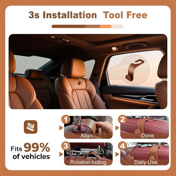Car Seat Hooks & Purse Holder - 4 Pack Boxed,55 lb Heavy Duty,Eco PP Car Hooks for Purse/Bag/Baby Gear/Gym Bag/Groceries/Cup/,Fits 0.32-0.55”Car Headrest Rods (Brown-2)