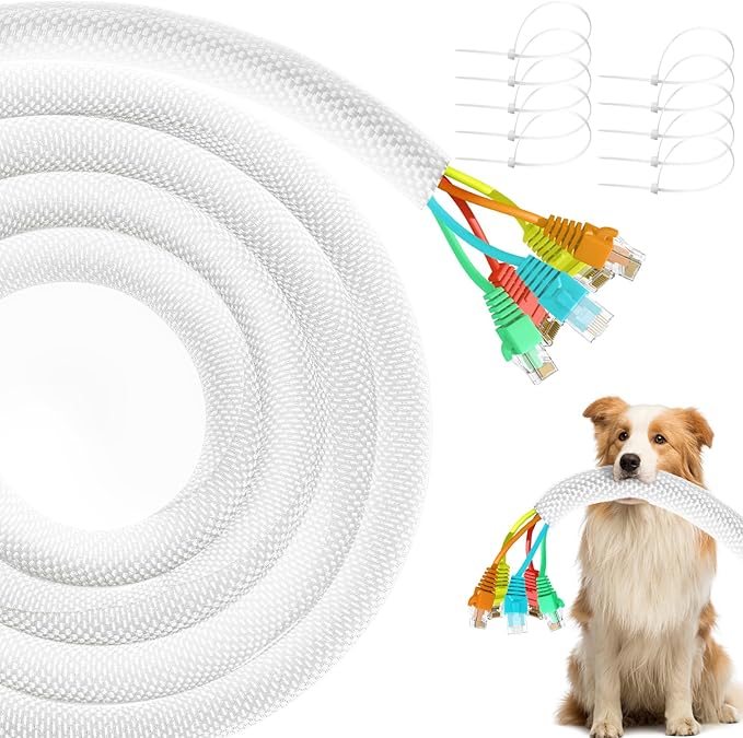 Cat Dog Cord Protectors from Pets No Chew 6.6ft - 1/4inch，Rabbits Cable Sleeves Cord Management Puppy Proof Covers, Wire Loom Critter Cord Charger Protector Heavy Duty Split Sleeve Automotive Tv，White