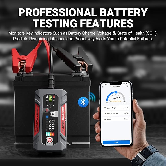 LOKITHOR JT400 2500A Portable Jump Starter with Battery Tester, 12V Car Battery Jump Starter for Up to 8.5L Gas or 6.5L Diesel Engines, 100–2000 CCA Automotive Battery Load Tester