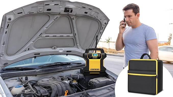 Car Jumper Starter Storage Bag Compatible with DEWALT DXAEJ14 Digital Portable Power Station Air Compressor, Carrying Case Holder Container (Black with Yellow Inner Case Only)