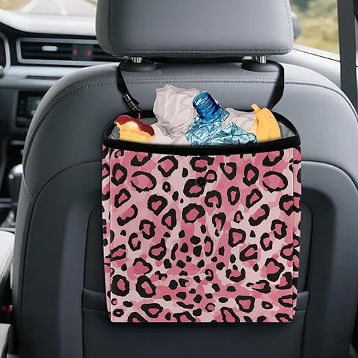 Leopard Cheetah Pink Pattern Car Trash Can Leak Proof Auto Trash Bag Hanging Vehicle Garbage Can Multipurpose Storage Container for Back Seat Car Accessories
