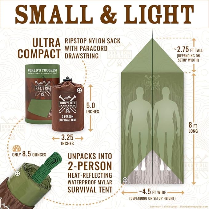 Don't Die In The Woods - Survival Tent - Made with Extra-Thick Space Blanket Thermal Mylar - Emergency Shelter Tube Tent - One of The 10 Essentials for Hiking, Camping, First Aid Kits