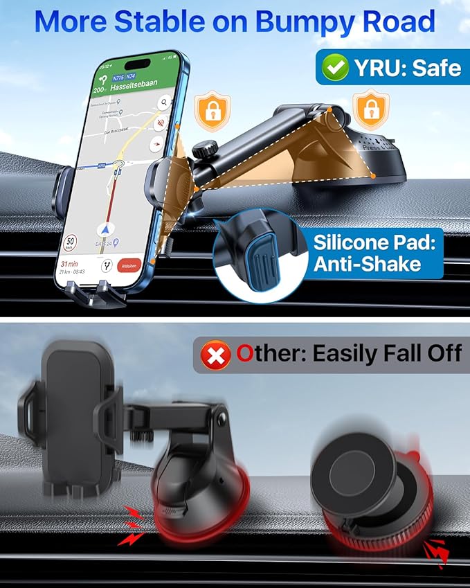 YRU [True Upgrade for Safety] Car Phone Holder Mount [Patent & Military-Grade] Dashboard Cell Phone Holder for Car Vent Windshield Phone Stand for iPhone 17 16 15 14 13 Pro Max Truck Samsung (Grey)