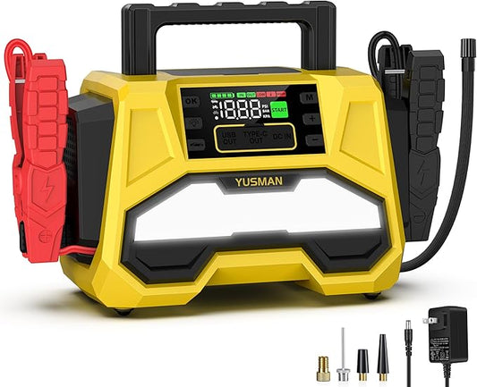Jump Starter with Air Compressor, 9000A 150PSI Car Jump Starter, 24000mAh Portable Jump Starter Pack(All Gas/12.0L Diesel), 12V Battery Jump Starter with Display, USB Port, 2 LED Light