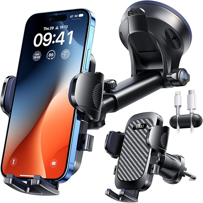 YRU True Military-Grade [360° Rotation Suction] 2026 Ultimate Car Phone Holder Mount 【90+LBS Safest Strongest & Patent Certs】 Dashboard Windshield Vent for iPhone 17 Pro Max Speaker Boxes, Gloss Black