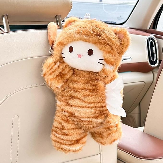 Tissue Box Cover Plush Tissue Box Holder for Car, Home, Decorative Holder/Organizer for Bathroom Vanity Countertop, Nightstands, Office Desk-Orange Cat