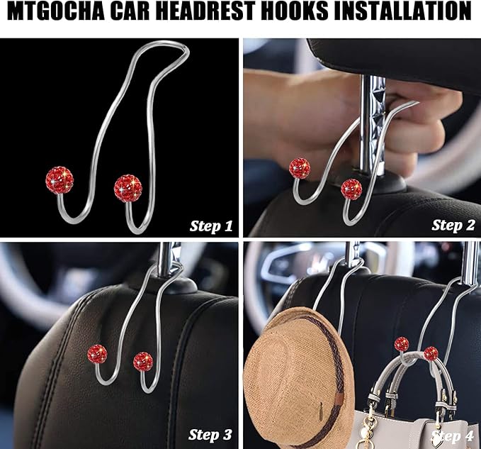 MTGOCHA Bling Purse Hook for Car Headrest, Upgraded Cute Car Seat Hooks for Bag Handbag, Durable Stainless Auto Purse Hanger Holder 2 Pack, Red
