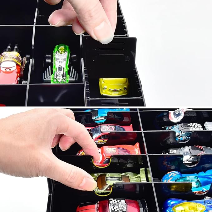 FULLCASE Toys Organizer Storage Compatible with Hot Wheels Car, Container for Matchbox Cars, Mini Toy, Small Dolls, Double Sided Carrying Box for Hotwheels - 48 Compartments (Case Only) Black