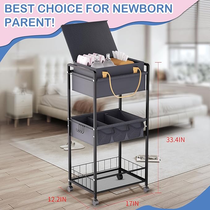 Baby Diaper Caddy Organize-3 Tier RollingDiaper Cart Newborn essentials Diaper2In1 Caddy With Dividers & Removable Diaper Caddy for Nursery Storage Bin CartBedroomBedsideChanging Table & Crib