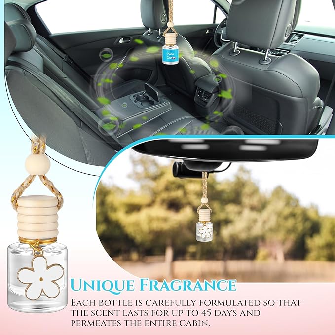 Siifert 2 Sets Hanging Car Air Freshener and Essential Oil Diffuser, Car Air Freshener Daisy Essential Oil Diffuser Long Lasting Automobile Aromatherapy(White,New Car)