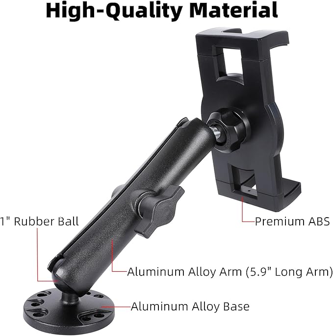 Dashboard Mount Tablet Holder for Truck, Heavy Duty Drill Base with Aluminum Arm Tablet Mount for Car, Wall, Boat, Desk, Compatible with iPad Pro Air Mini, 4.7-12.9″ Tablets and Phones (PTM-27)