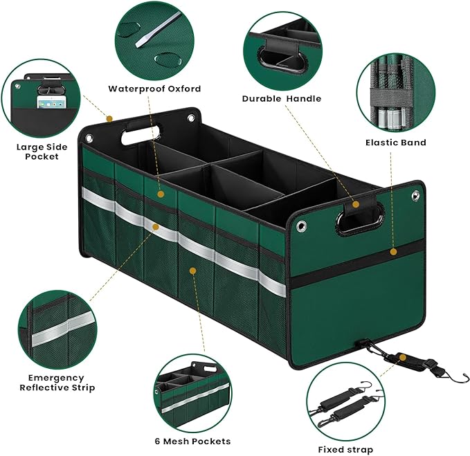 Car Trunk Organizer, Car Storage Organizer, Collapsible Multi Compartment for Car, Suv, Sedan, Truck, 100L, Extra Larger (Green, 100L)