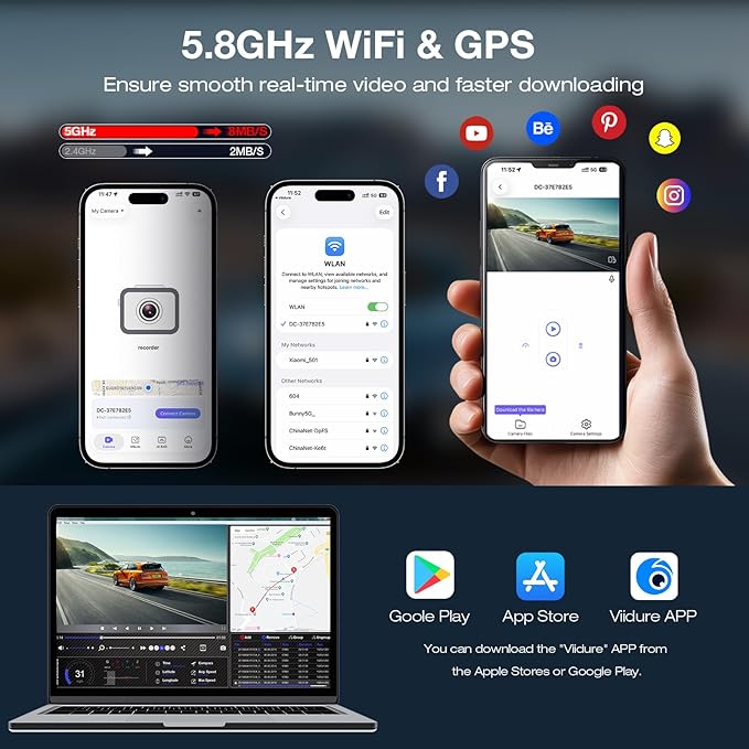 4K+2.5K Dash Cam Front and Rear, GPS&5.8G WiFi, Free 64GB Card Included, Dash Camera for Cars, 2-Channel Car Camera, 3.16'' IPS Screen, G-Sensor, 24H Parking Monitor, Max 256GB