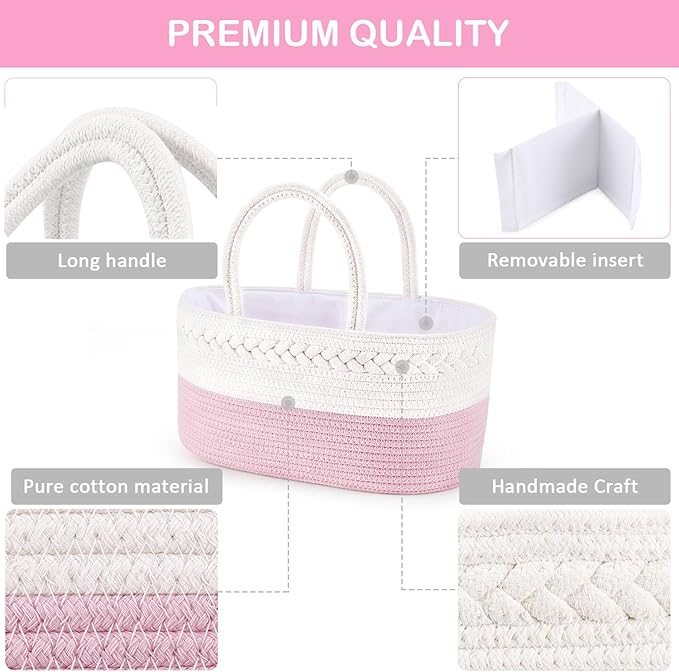 ABenkle Diaper Caddy Organizer - Cotton Rope Nursery Storage Basket for Baby Essentials, Boys & Girls Shower Gift, Changing Table Organizer, Pink