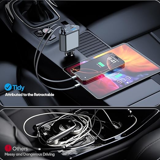66W Retractable Car Charger,CarCharger Fast Charging 4 in 1 Car Phone Charger Retractable USB C Cable,Type C to Lightning Cord,USB C Port and USB A Port Fast Charging for iPhone 16/15/14,iPad