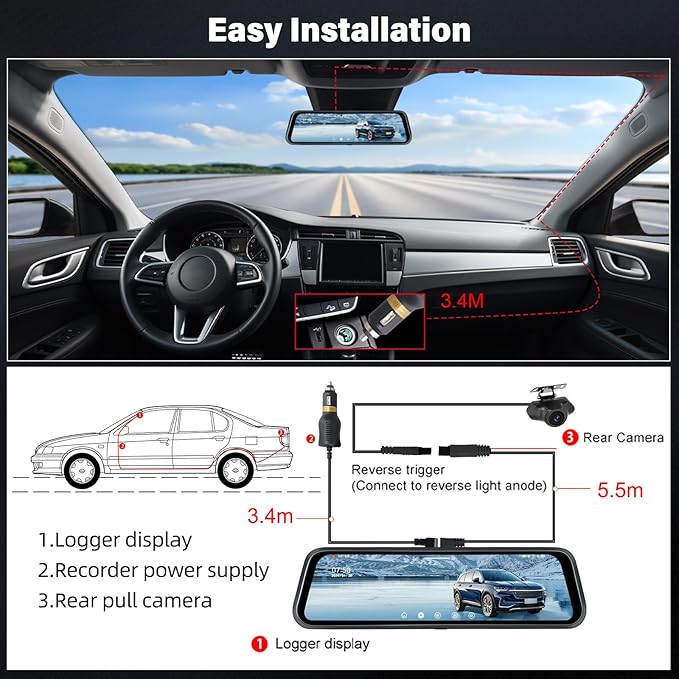 Rear View Mirror Camera, Mirror Dash Cam for Car 1080P Front & Rear Mirror Cameras 9.66 Inch HD IPS Full Touch Screen 64G Card Night Vision Motion Detection Loop Recording 24H Parking Monitor G-Sensor
