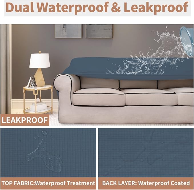 Easy-Going 100% Waterproof Oversized Loveseat Couch Cover, Dual Waterproof Sofa Cover, Stretch Jacquard Sofa Slipcover, Leakproof Furniture Protector for Kids, Pets, Dog and Cat, Bluestone