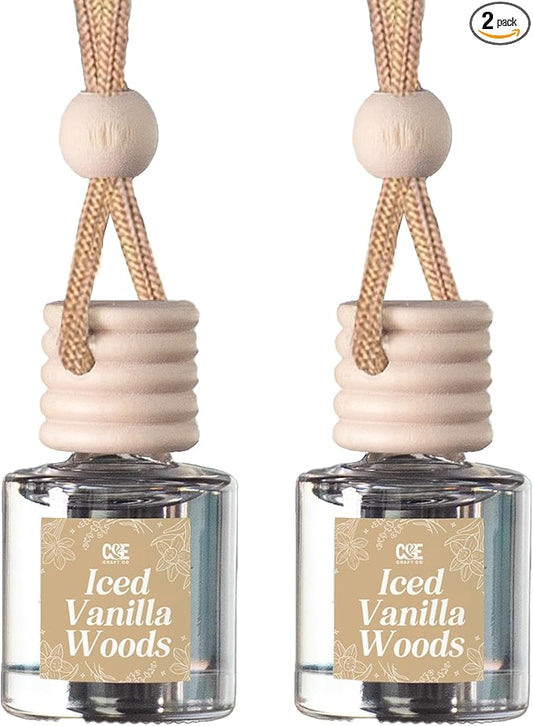 C&E Craft Co Hanging Car Air Freshener Diffuser 2 Pack, Long Lasting Fragrance Oil Car Freshener, Glass Bottle Auto Air Freshener, Made in USA (Iced Vanilla Woods)