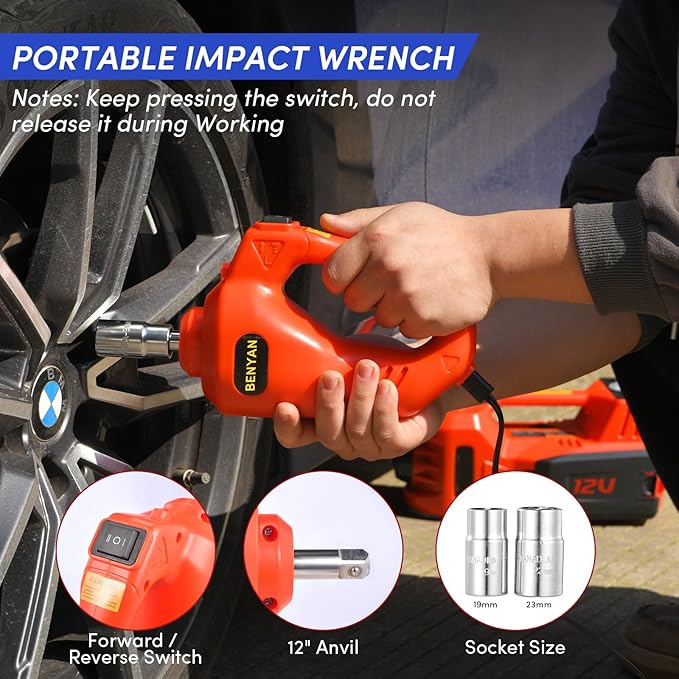 Electric Car Jack Kit 5 Ton 12V Floor Jack with Impact Wrench and Tire Inflator Pump Portable Hydraulic Car Jack for SUV Sedans Tire Change with LED Light, Lifting Height 6 to 17.7 Inch