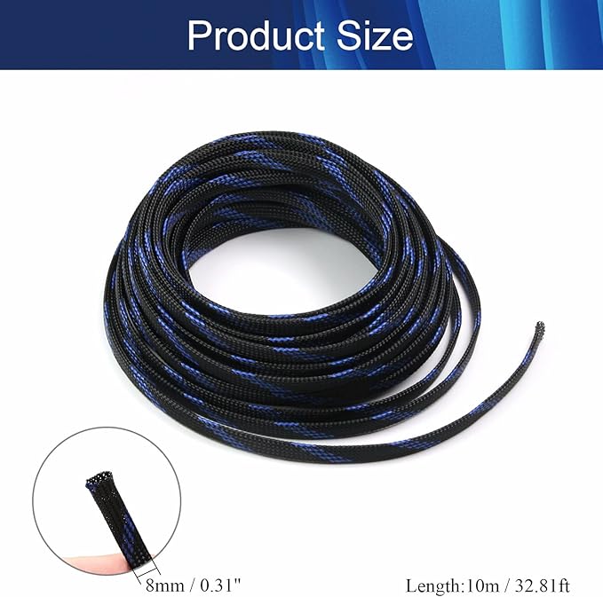 Aicosineg 32.81ft PET Flexible Braided Cable Sleeve 0.33inch Width Wire Loom Sleeving and Organizer Flexible Wire Mesh Sleeve Wrap Protector for TV Audio PC Cords from Pets Chewing Black and Blue