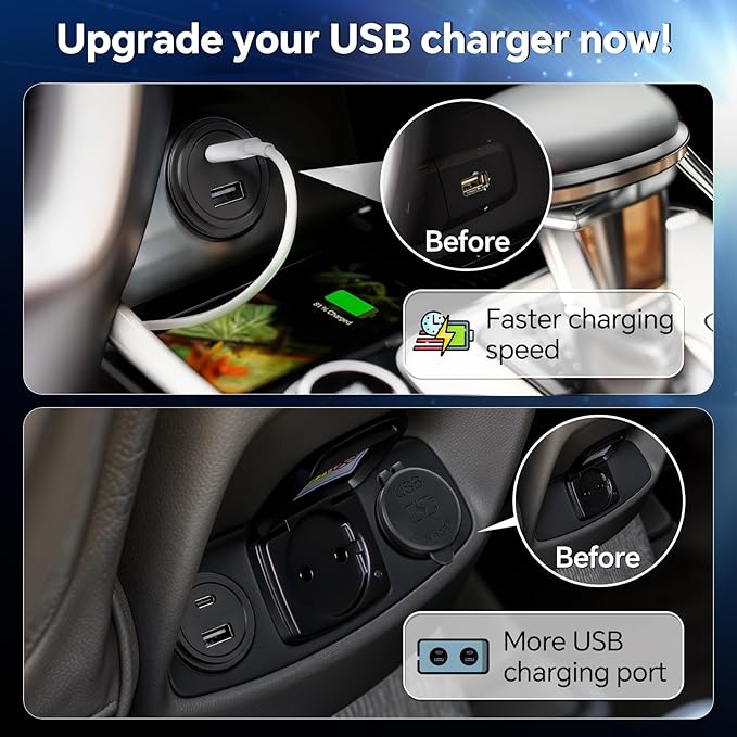 Acegoo 12V USB Outlet 30W PD Type-C & 18W QC3.0 Aluminum Car Charger Waterproof Dual Port Fast Charging Socket Cigarette Lighter Replacement Accessories for RV Camper Trailer Truck Boat Golf (2 PCS)