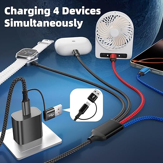 Dual Type-C Port 4 in 2 Multi Charging Cable for iWatch Charger/iPhone17/IP, Cruise Travel Essentials 2026, USBA/USBC Cable for iWatch Ultra/SE/11-2, iPhone17-8, Pad, GalaxyS26, Car Charger- 2Pcs 5FT