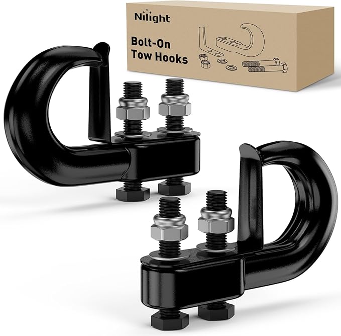Nilight 2Pcs Bolt-On Tow Hooks with Spring Clip 10,000LBS 2Pcs Black Forged Recovery Tow Hooks Compatible with Jeep Ford Dodge Chevy GMC Toyota Pickup Truck