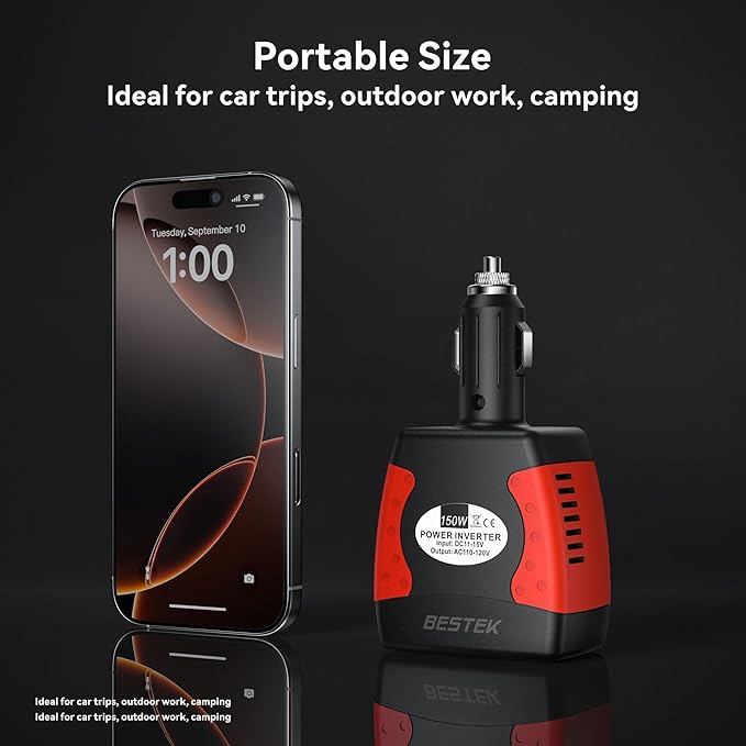 BESTEK 150W Power Inverter 12V to 110V Voltage Converter Car Charger Power Adapter with PD30W QC18W Dual USB Charging Ports
