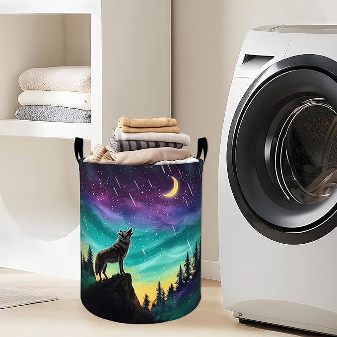 Mystic Wolf Moon Starry Sky Laundry Basket with Handles, 19.7"x15.7" Clothes Foldable Laundry Hamper Organizer for Dorm Nursery Bedroom Bathroom Decor, Toy Storage Bin for Kids