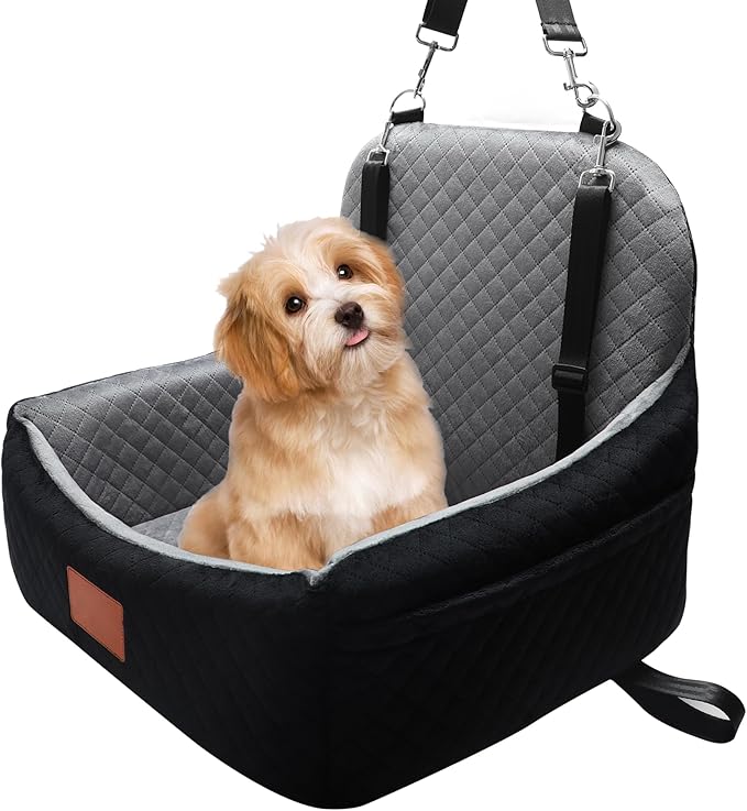 Small Dog Car Seat for Small Dogs Under 30 lbs, Memory Foam Pet Car Seat with Joint Relief & Washable Cover, Portable Travel Bed for SUV/Sedan (Black/Grey)