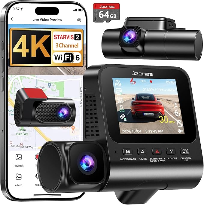 4K 3 Channel Dash Cam Front and Rear, Dash Camera for Cars, STARVIS 2 Sensor Dash Camera with HDR Night Vision, 24H Parking Mode Car Camera with GPS, Loop Recording