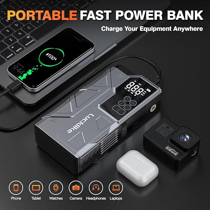Lucklike W210 Jump Starter with Air Compressor 150 PSI, 12V 6000A Peak Lithium Car Battery Jump Starter for All Gas and 10.0L Diesel, 80.66Wh Booster Jump Box Pack with LED Light, Jumper Cables