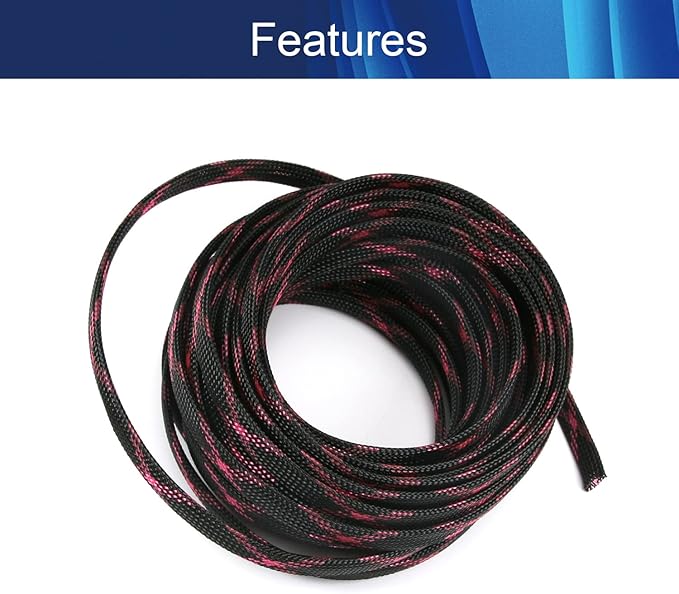 Aicosineg Cable Sleeve Braided Sleeving PET Wire Loom Tubing Cable 32.81ft-2/5inch Wrap Protector for HiFi Audio and Video Headphone Cable Protect Wires from Chewing of Pets Black and Pink