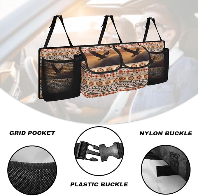 Hanging Trunk Organizer Aztec Eagle Car Back Seat Storage with 4 Large Pockets Foldable Automotive Interior Accessories for Sedans MPV SUV Jeep Trucks Van