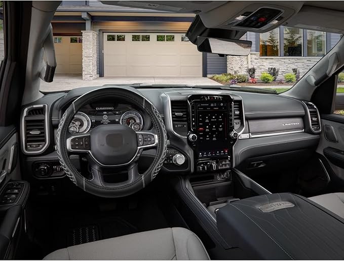 West Llama Customized Auto Car Steering Wheel Cover for Dodge RAM 1500 2500 3500, 15.5-16 inch (Diamond Quilted-Black+Gray-Large Size)