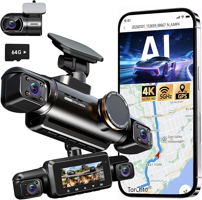Neideso 4 Channel Dash Cam Front Rear, Free 64G Card Included, AI Fatigue Driving Monitor, 360° View 4K 2160P Dash Camera for Cars, 5G WiFi GPS, 8 IR Lamps Night Vision, 24H Parking Mode, N700Pro